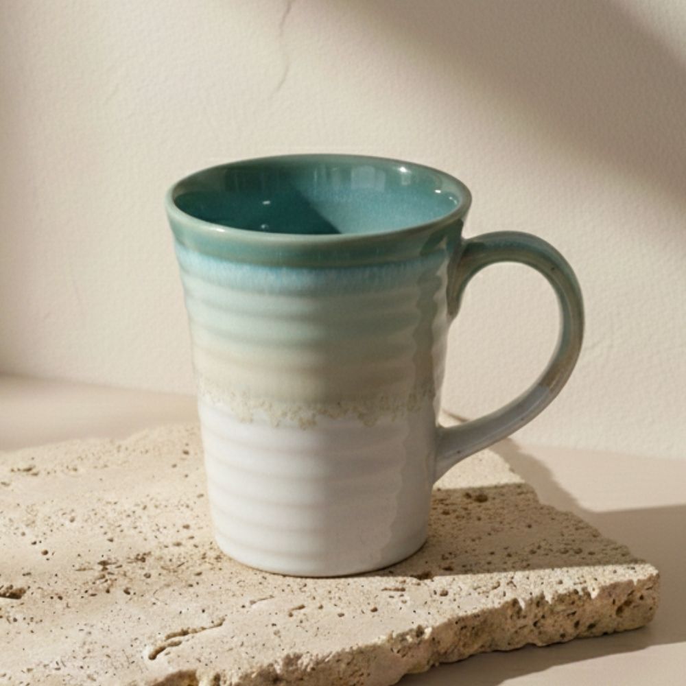 white ceramic mug set of 6 with aqua edge minimal design for tea coffee serving
